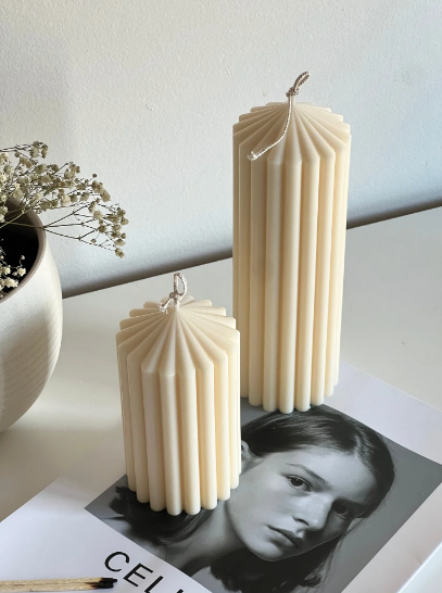Ribbed Pillar Candles Ivory - Set of 2
